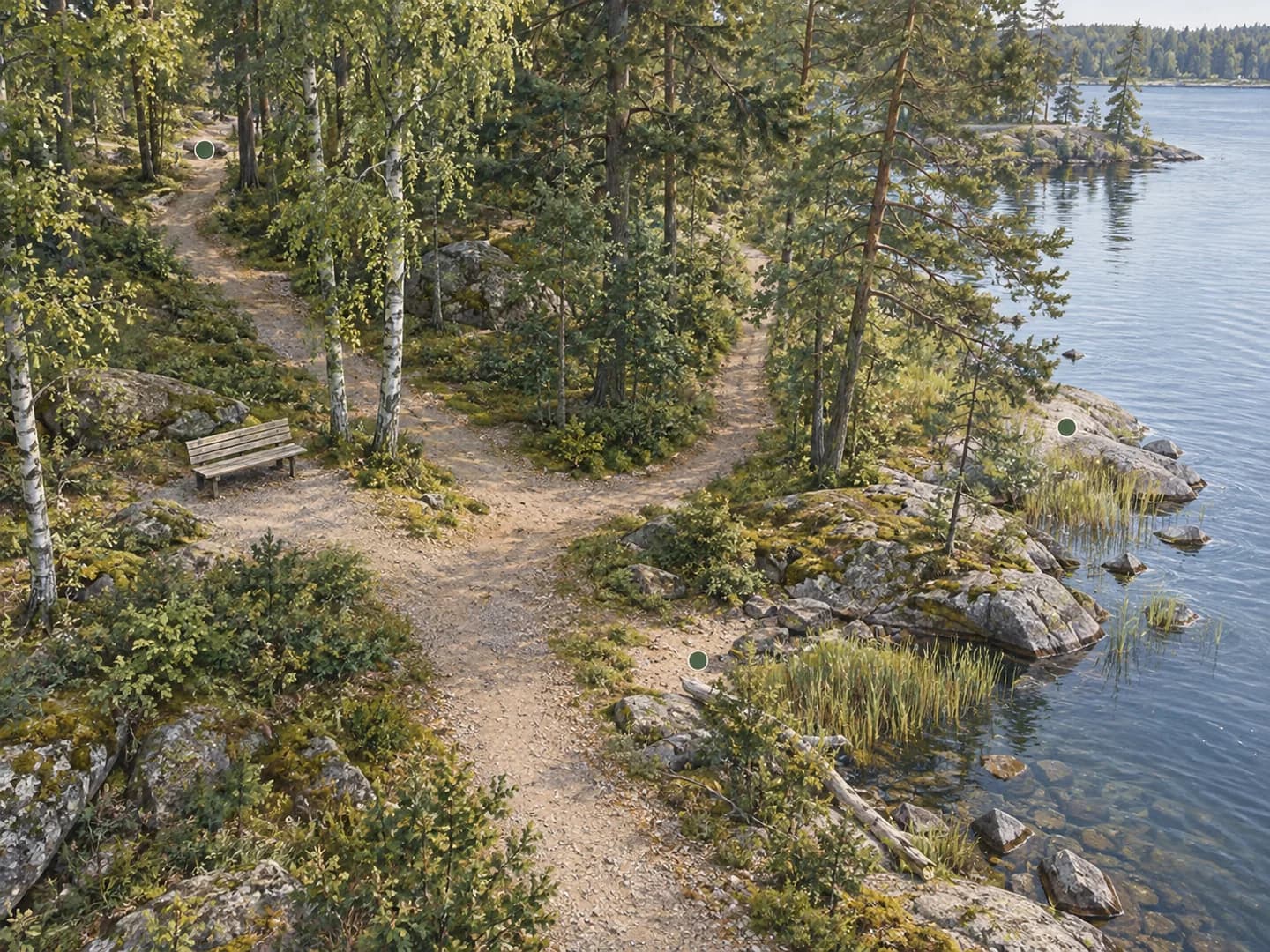 Kuvitus: haarautuva metsäpolku järven rannalla, puupenkki ja kolme vihreää esimerkkimerkkiä.