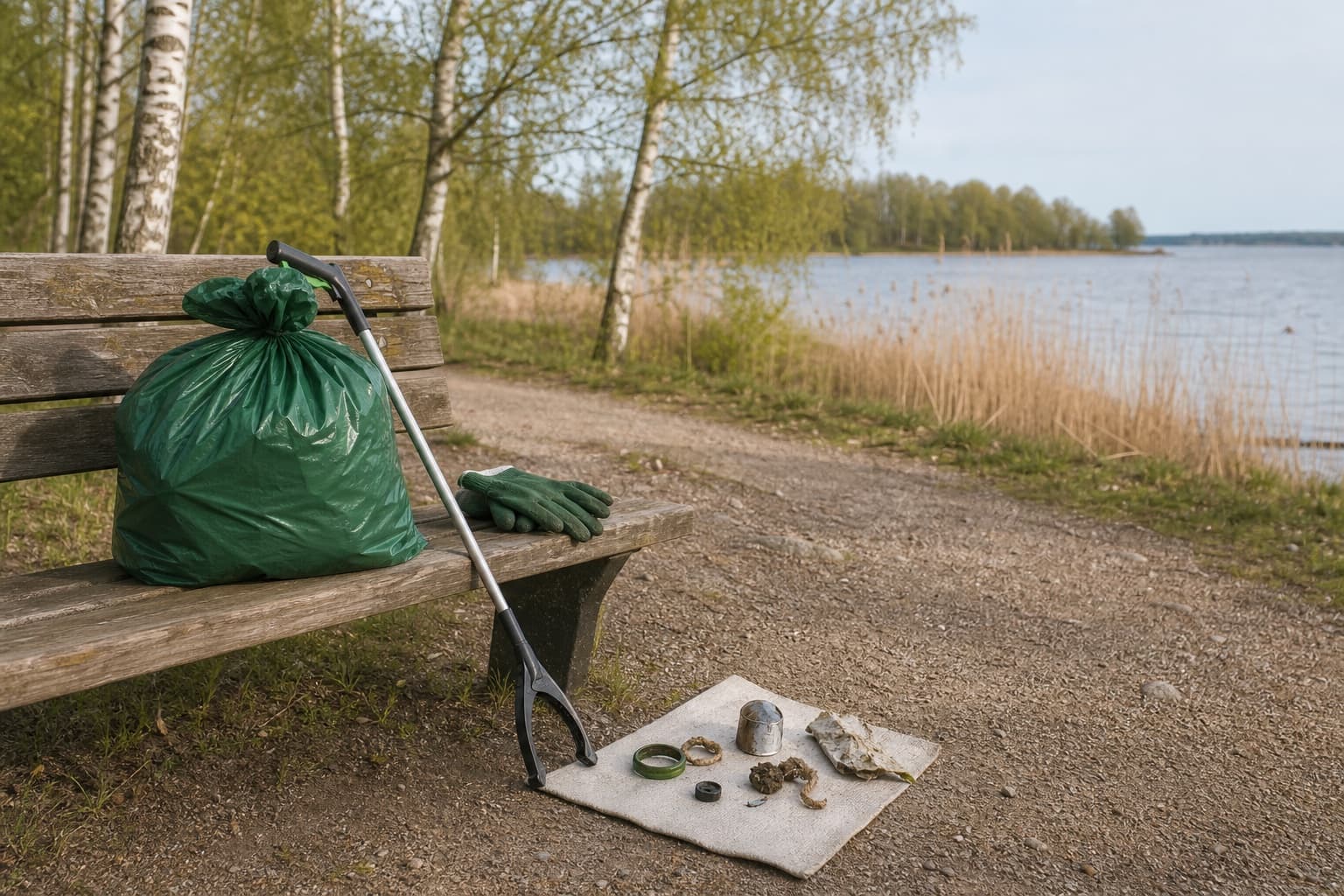 Roskaretken jälkeen kerätyt pienroskat on lajiteltu turvallisesti puiston penkin viereen, taustalla Viikinrannan kaltainen rantapolku.