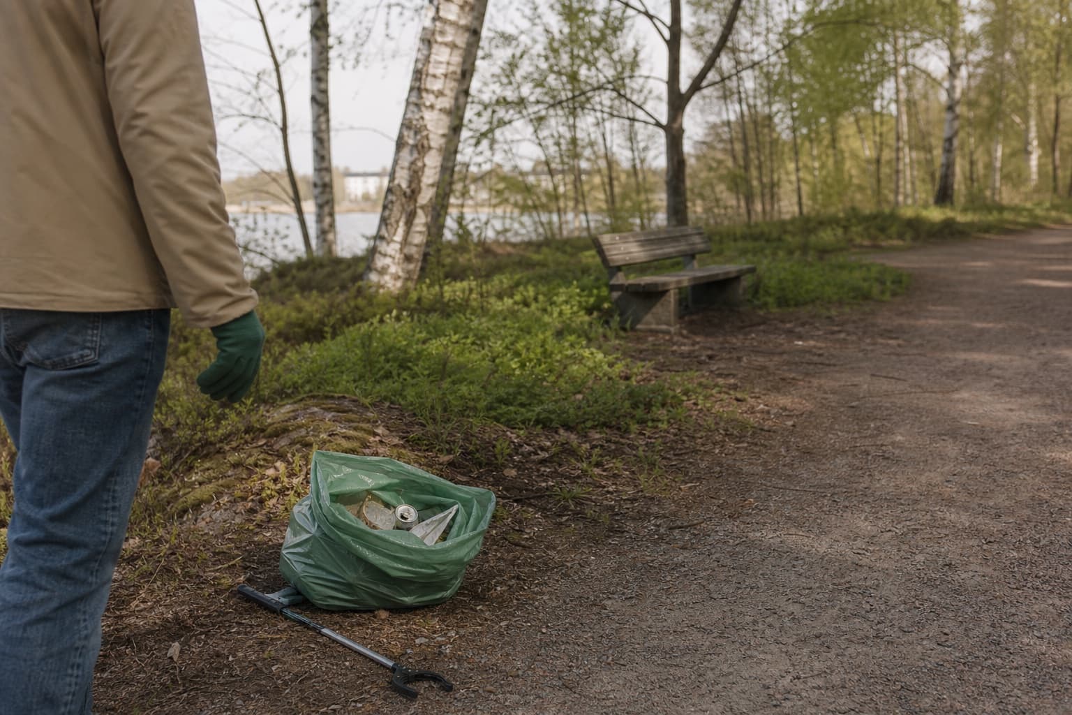 Sama puistopolun reuna ennen ja jälkeen roskaretken: pussi ja hanskat kertovat pienestä siistimisestä ilman dramaattista asetelmaa.