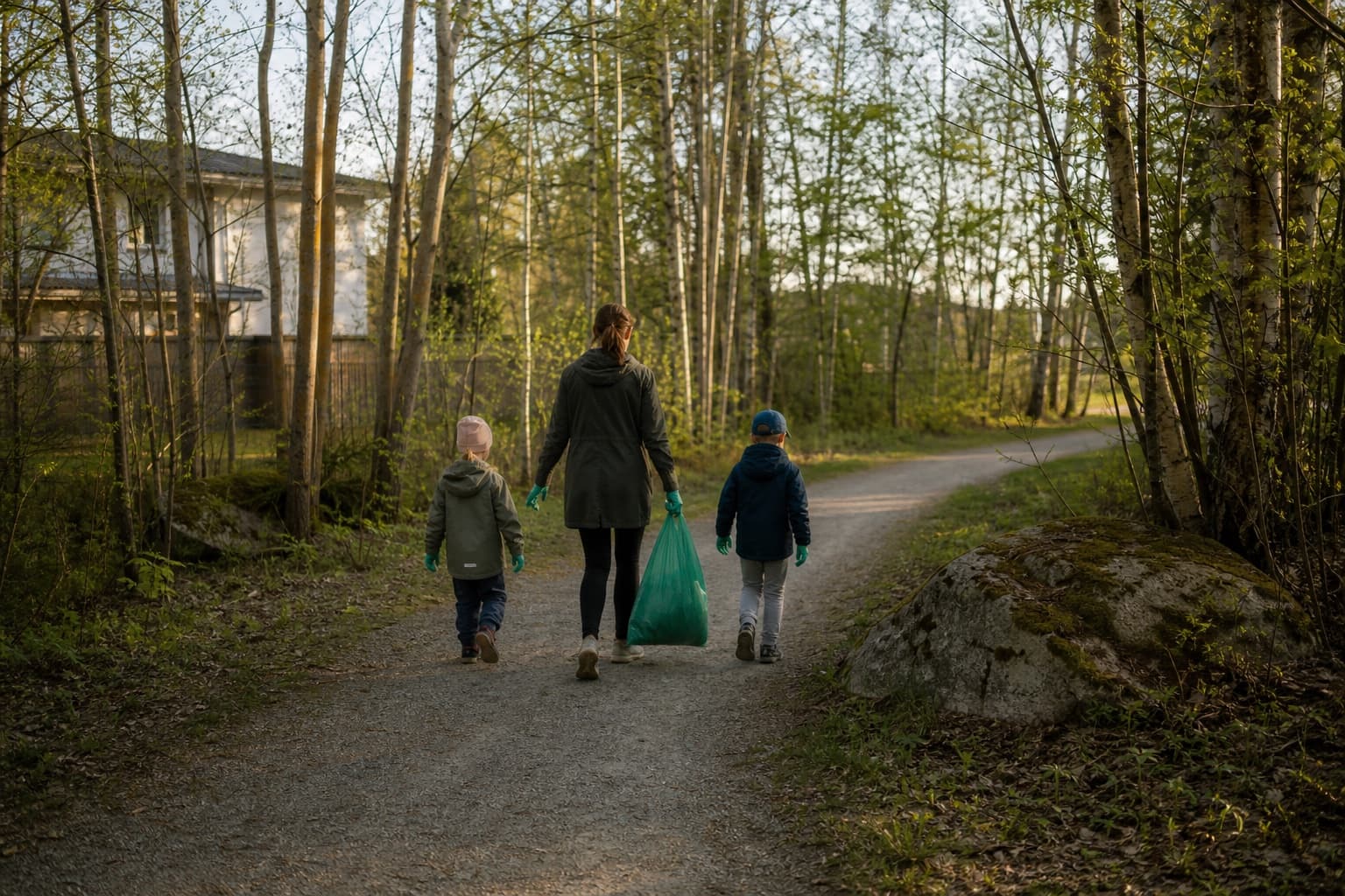 Aikuinen ja kaksi lasta kulkevat suomalaisella lähiluontopolulla roskapussi ja hanskat mukana, kasvot eivät näy.
