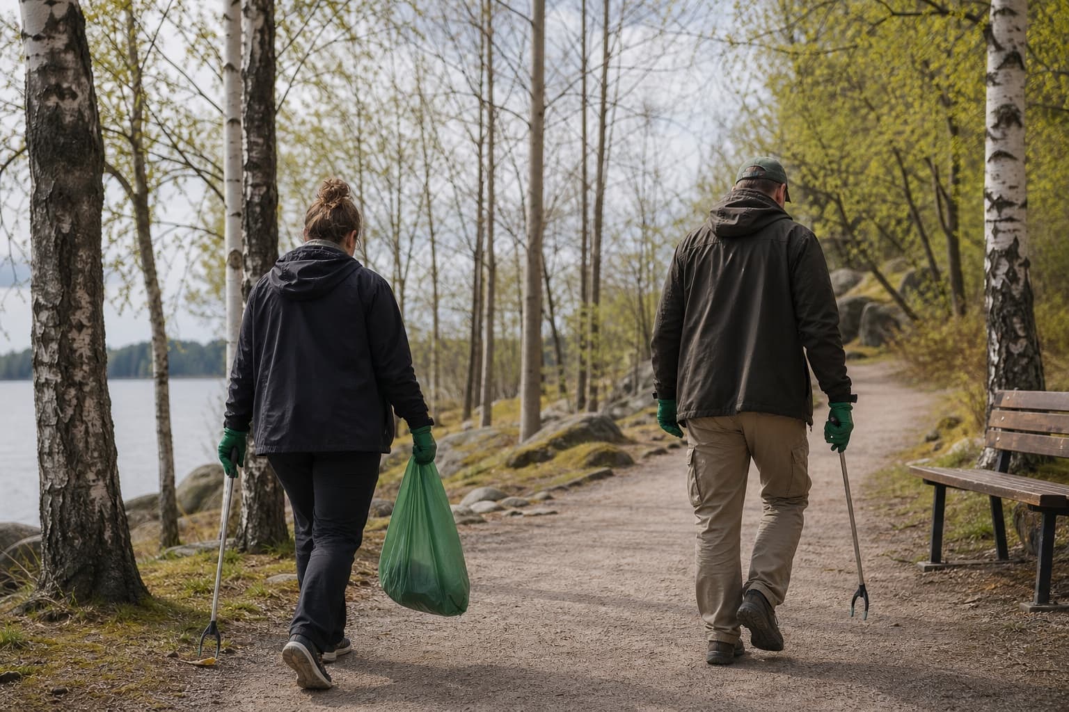 Kaksi turvallisesti varustautunutta vapaaehtoista kerää roskia keväisellä puistopolulla, suomalainen versio yhteisestä siivouskampanjasta.