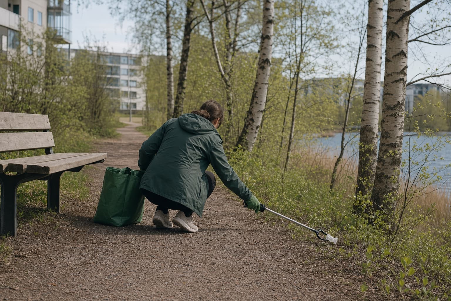 Helsingin lähiluontopolulla pieni roska havaitaan penkin lähellä, taustalla näkyy kaupunkivihreää ja rantamaisemaa.