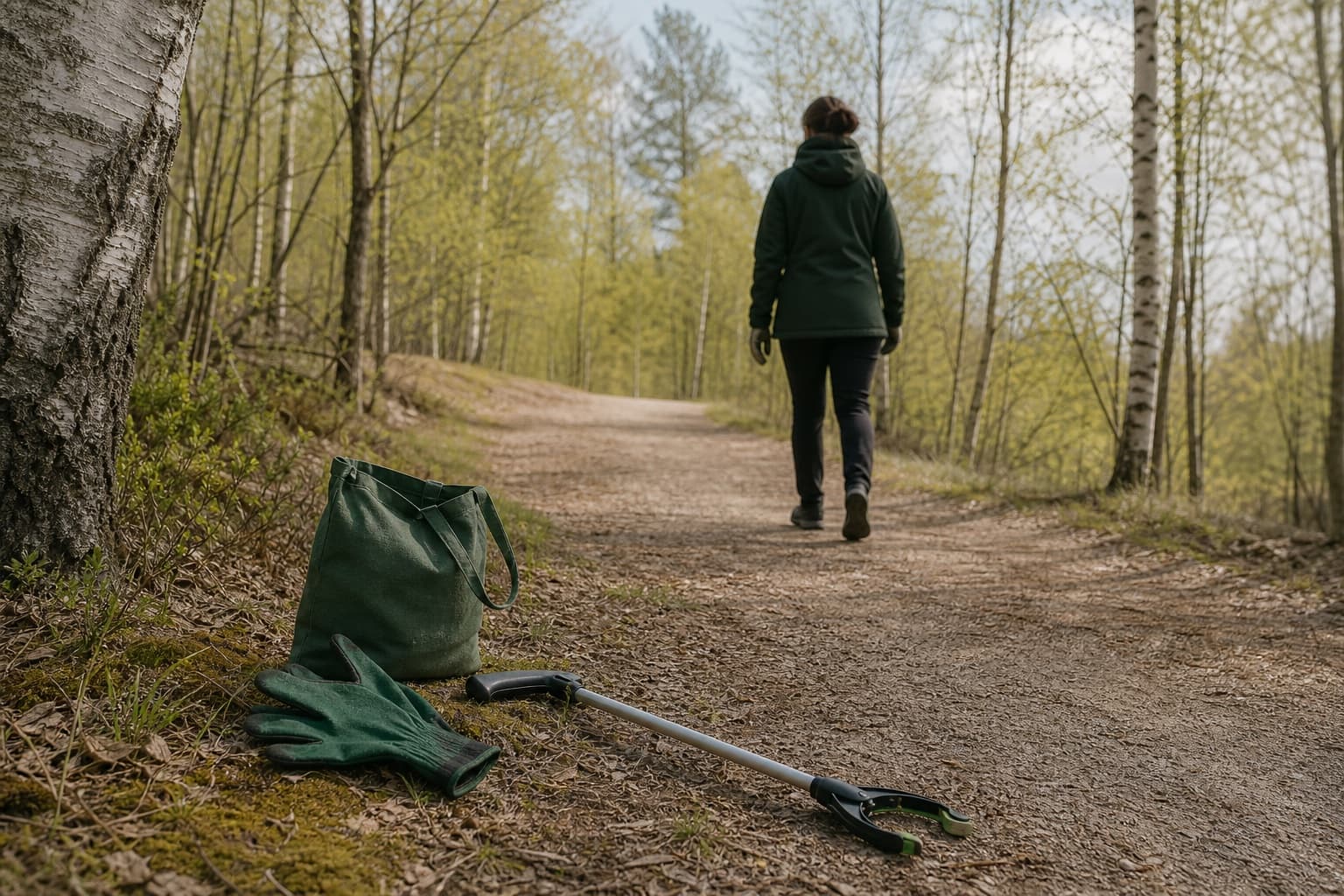 Kevään ensimmäisen roskaretken varusteet ja pieni vihreä pussi odottavat hiekkapolun reunalla koivujen alla.
