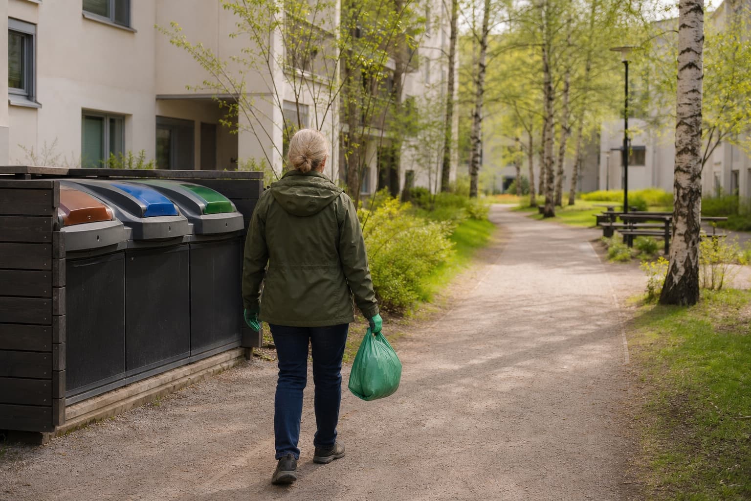 Rauhallinen suomalainen taloyhtiön jätepiste ja lähireitti näyttävät, miten kiertotalous näkyy arjessa.