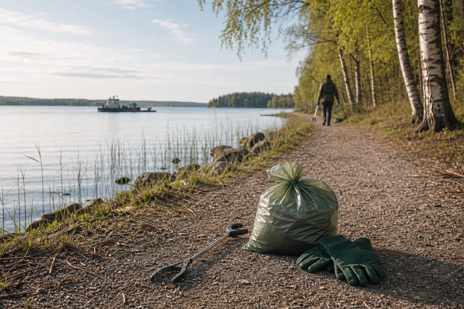 Rantapolulla roskapihdit ja pussi muistuttavat, että merien puhdistus alkaa myös pienestä paikallisesta teosta.