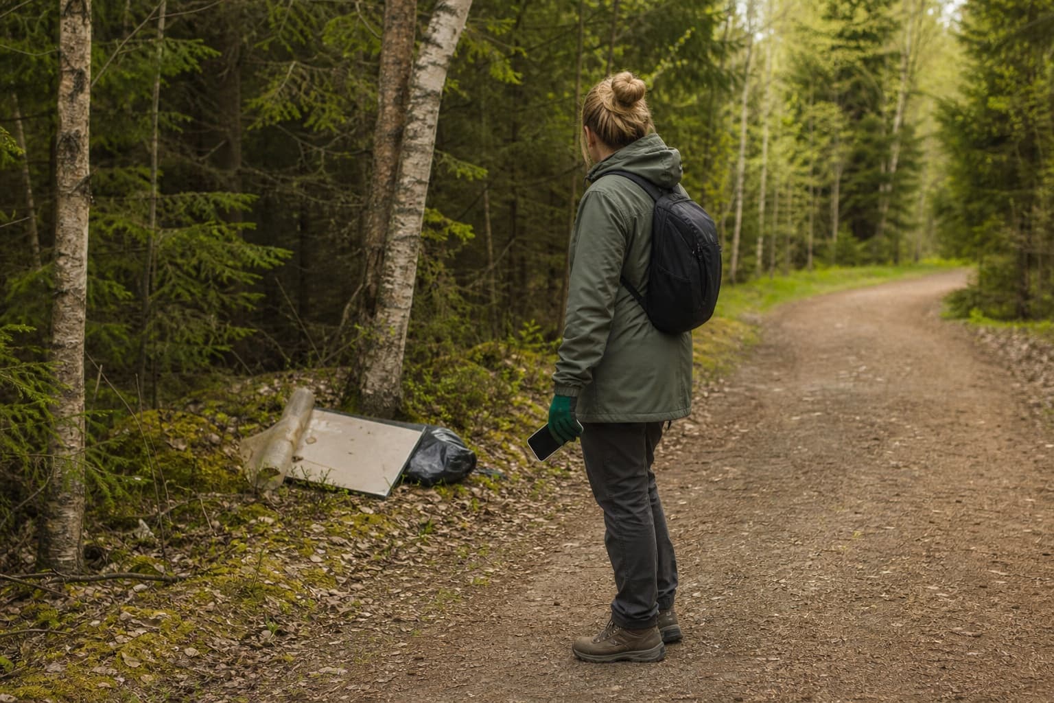 Metsäpolun laidassa oleva epäilyttävä jätekasa on rajattu etäältä, ja aikuinen tarkistaa tilanteen turvallisesti puhelimella.