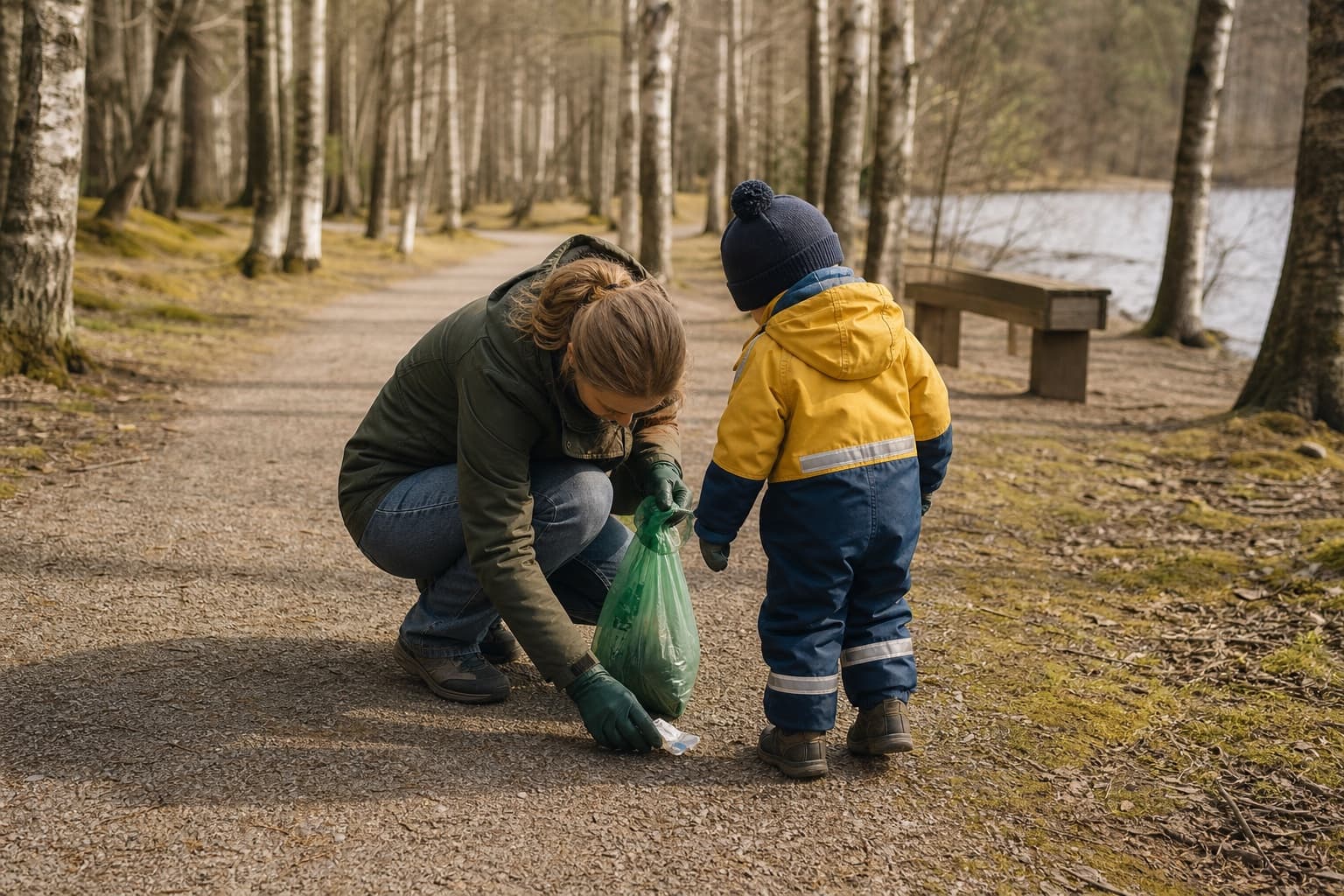 Aikuinen ja lapsi katsovat yhdessä pientä roskapussia puistopolulla, tilanne tuntuu rauhalliselta eikä pelottavalta.
