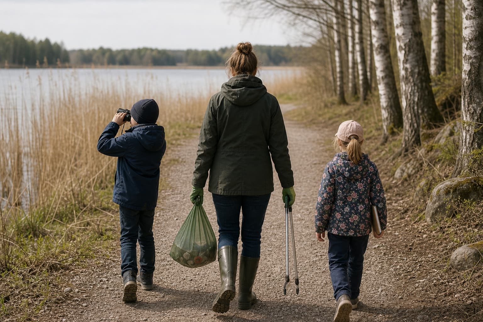 Lapset havainnoivat lintuja ja roskia turvallisesti aikuisen kanssa suomalaisen rantapolun varrella.