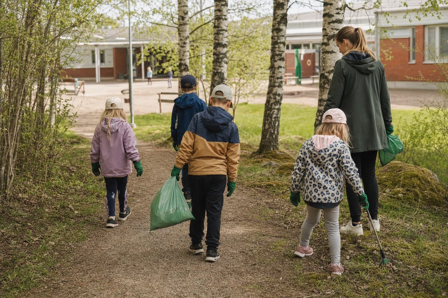 Lapsiryhmä kulkee aikuisen kanssa rauhallisella luontopolulla hanskat ja pieni roskapussi mukana.