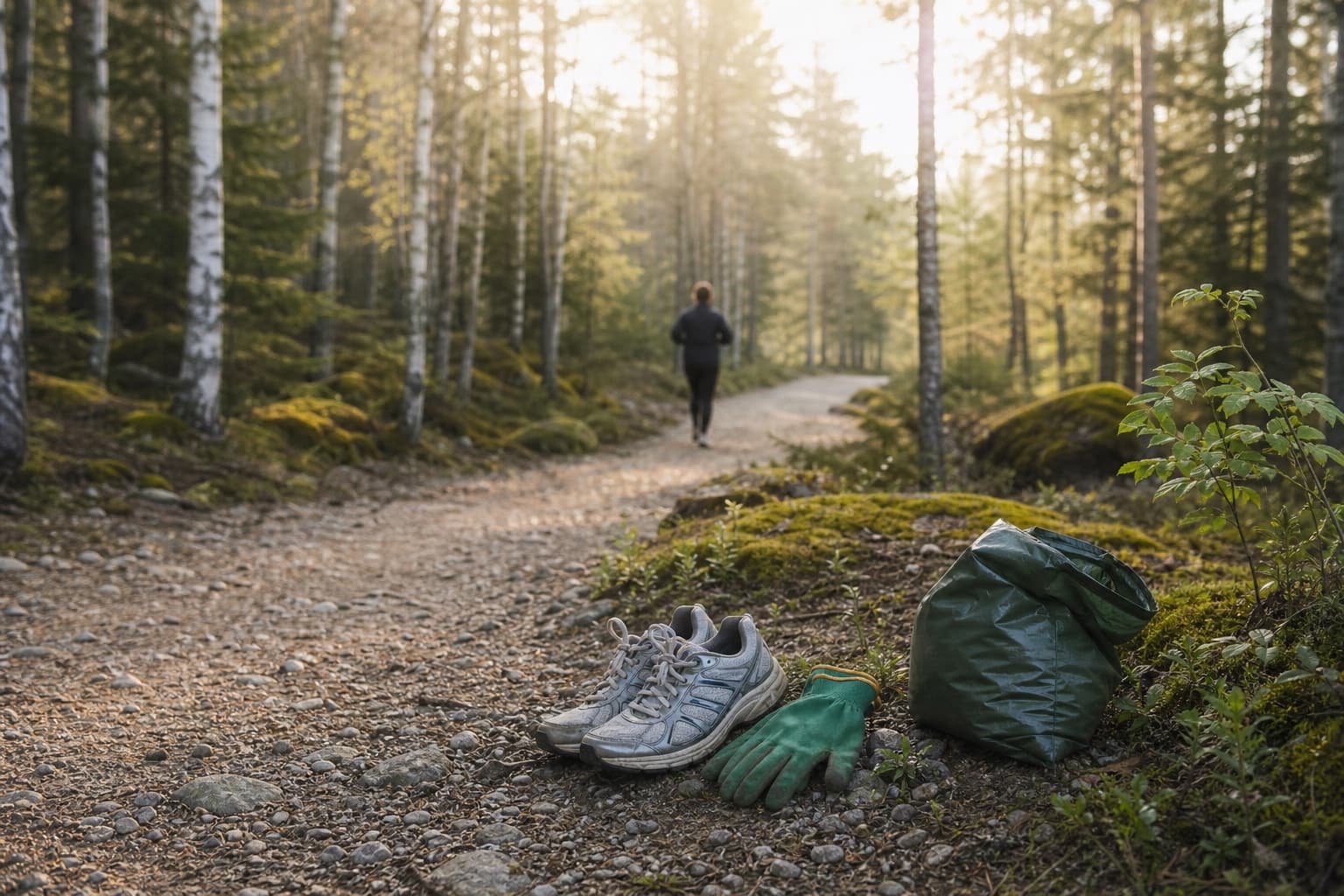 Juoksukengät, hanskat ja pieni roskapussi odottavat sorapolun reunalla ennen rauhallista plogging-lenkkiä.