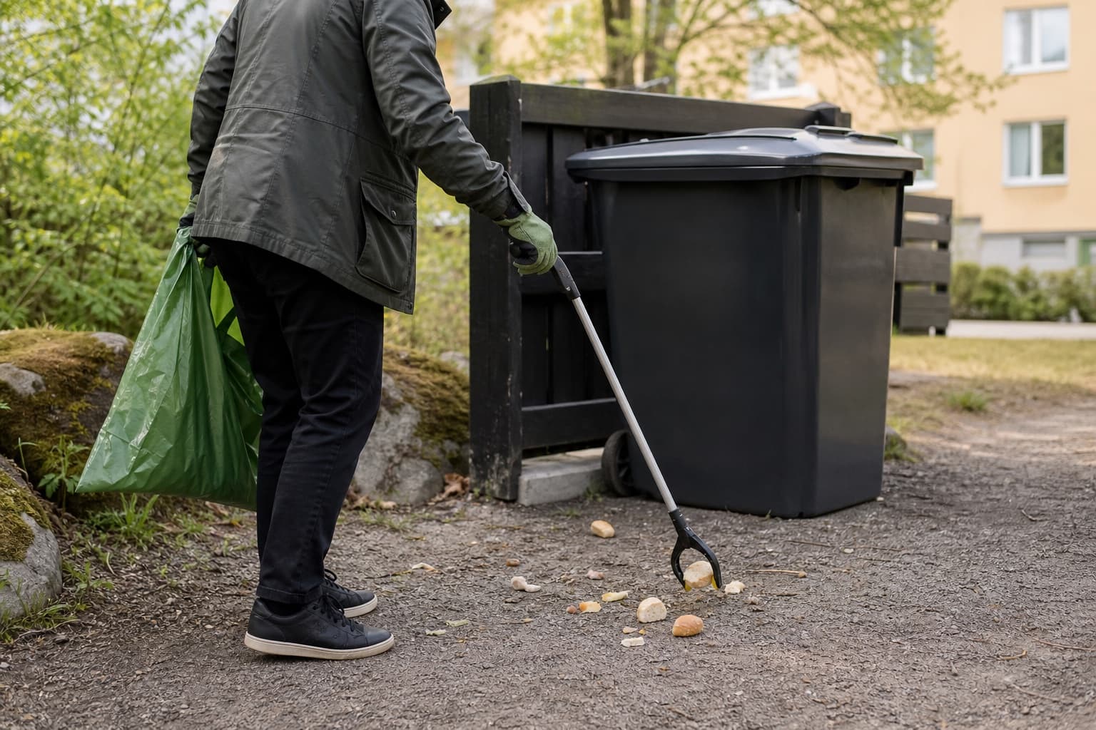 Taloyhtiön jätepisteen ympäristö on siisti, ja hanskat sekä roskapihdit muistuttavat ruokaroskien keräämisestä ajoissa.
