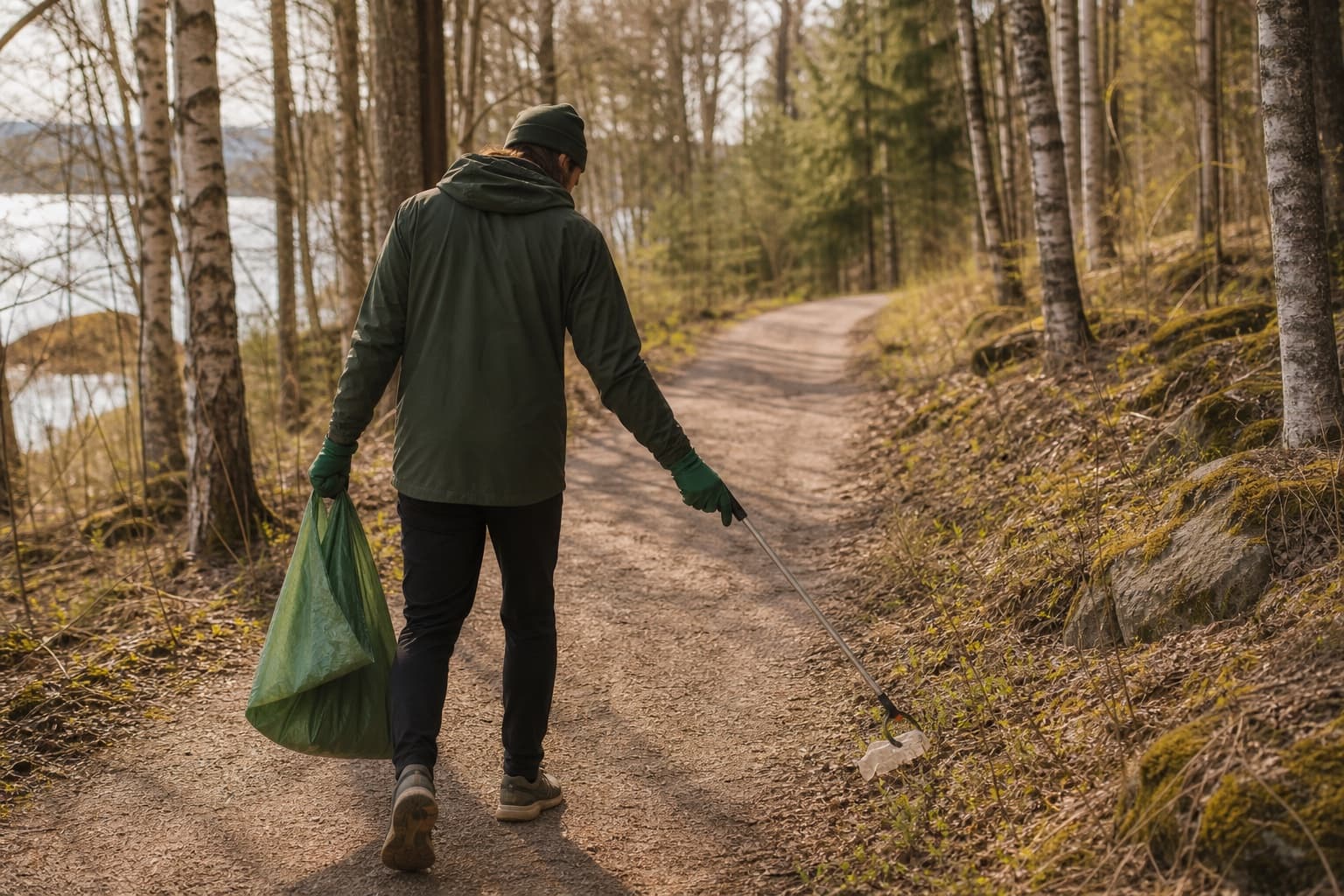 Keväinen plogging-reitti, hanskat ja pieni roskapussi yhdistävät muoviroskan ja kiertotalouden arkiseen viikkokatsaukseen.