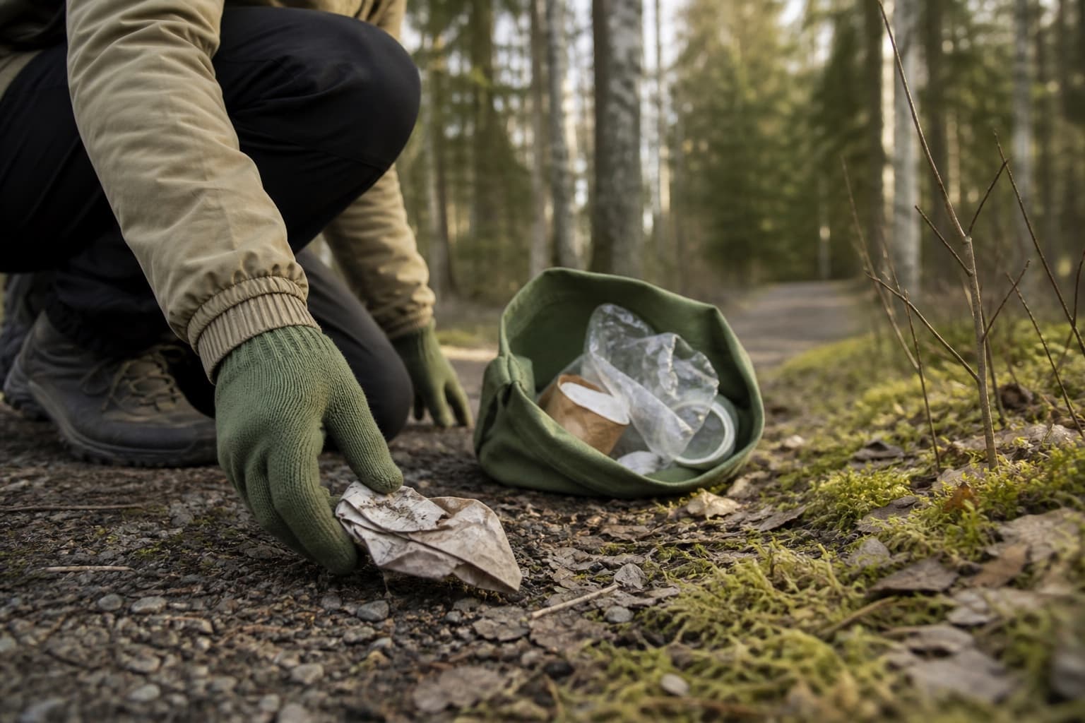 Lähiluonnon polulla näkyy sammalta, koivunlehtiä, hanskat ja pieni roskapussi arjen kiertotalousretkellä.