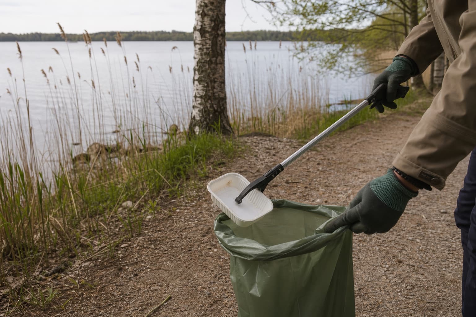Rantapolulla pieneen vihreään pussiin poimitaan ruokarasia turvallisesti roskapihdeillä.