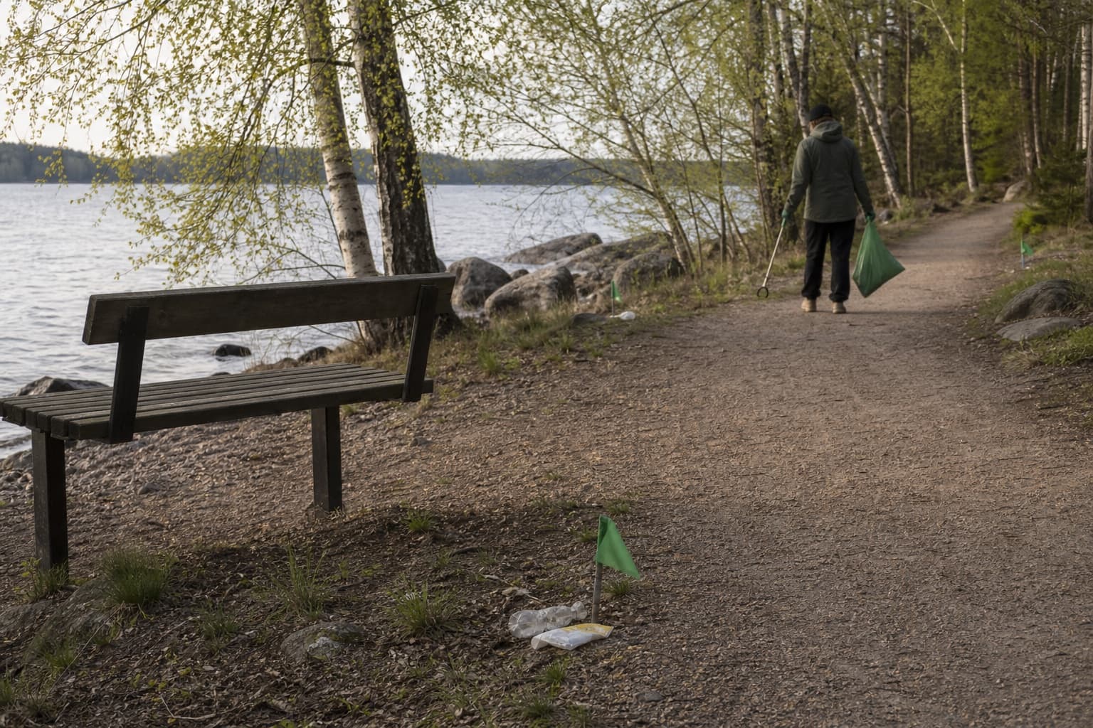 Karttamainen näkymä lähireitistä ja muoviroskan havaintopisteistä ilman tekstiä tai tarkkoja sijainteja.