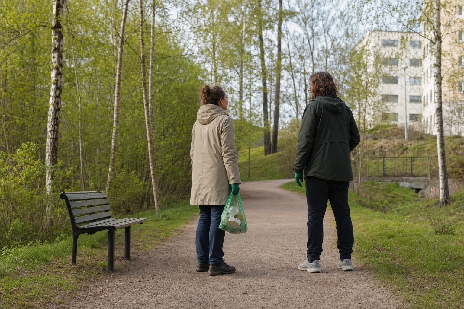 Helsinkiläinen puistopolku, neuvontamainen kohtaaminen ja valmisruokapakkaus roskapussissa näkyvät rauhallisessa viikkokuvassa.