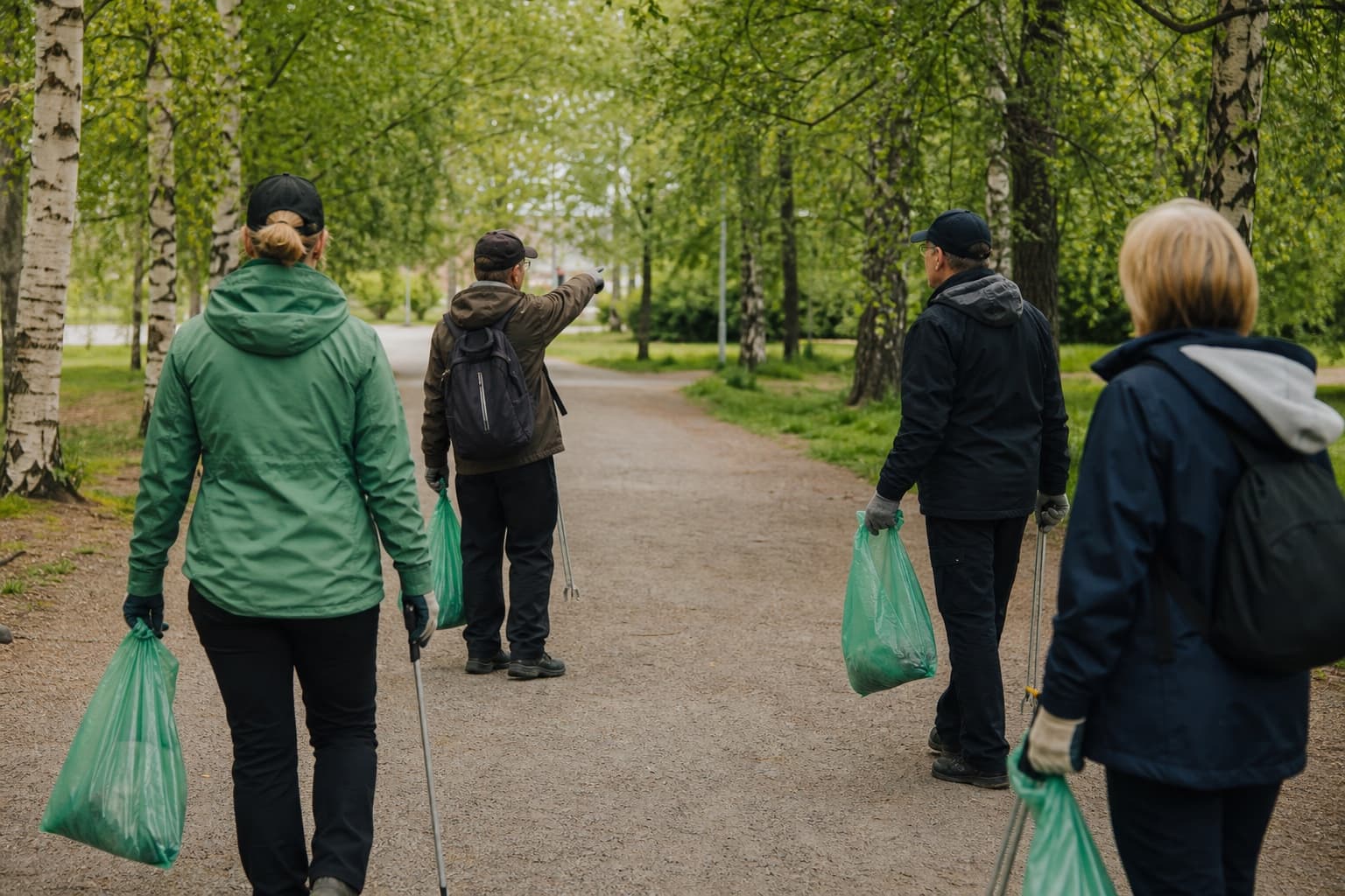 Talkoiden jälkeen pieni ryhmä katsoo siistiä puistoreittiä ja kerättyä roskapussia ilman kampanjalavaa.