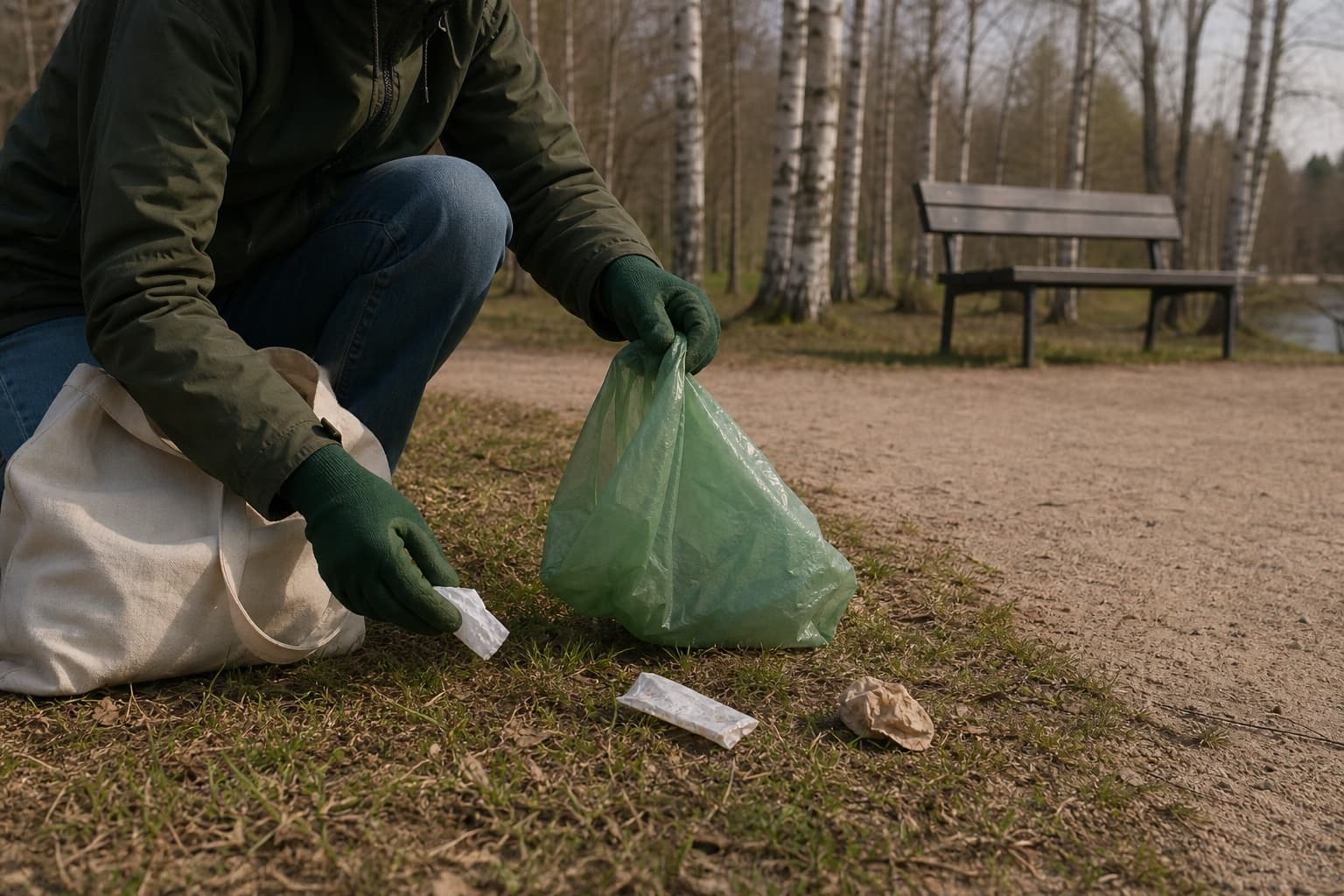 Vapun jälkeinen puistopolku siistitään rauhallisesti, mukana hanskat, pussi ja tekstiilinen kestokassi.