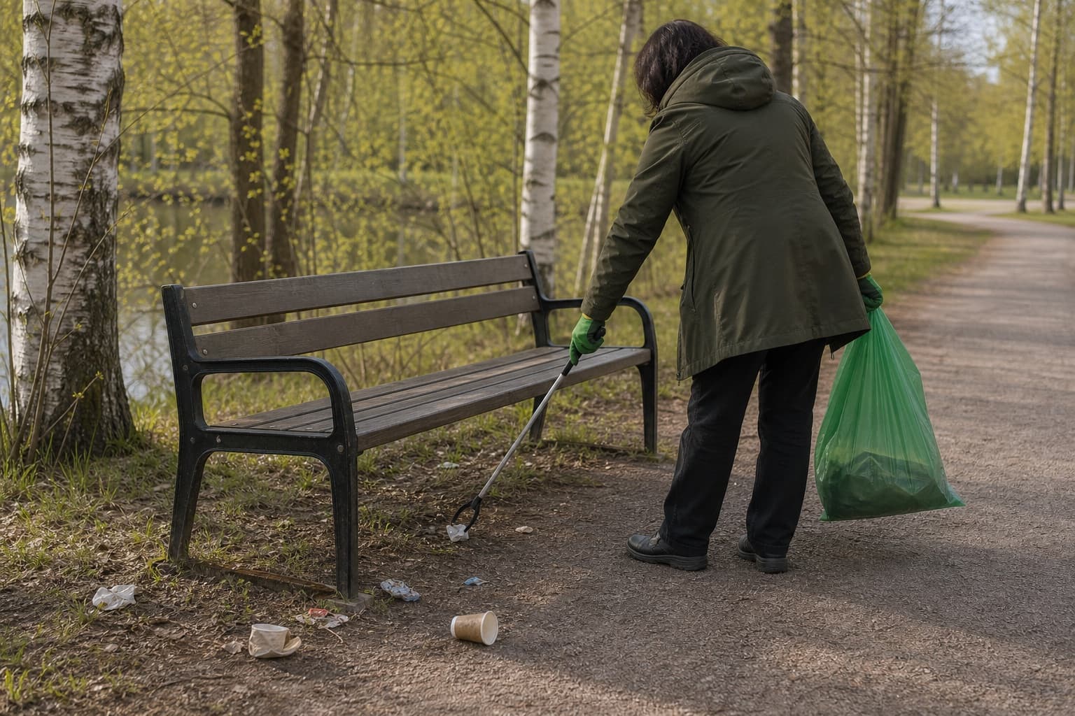 Vapun jälkien roskajahti alkaa puistopolulta, jossa roskapihdit ja vihreä pussi ovat valmiina.
