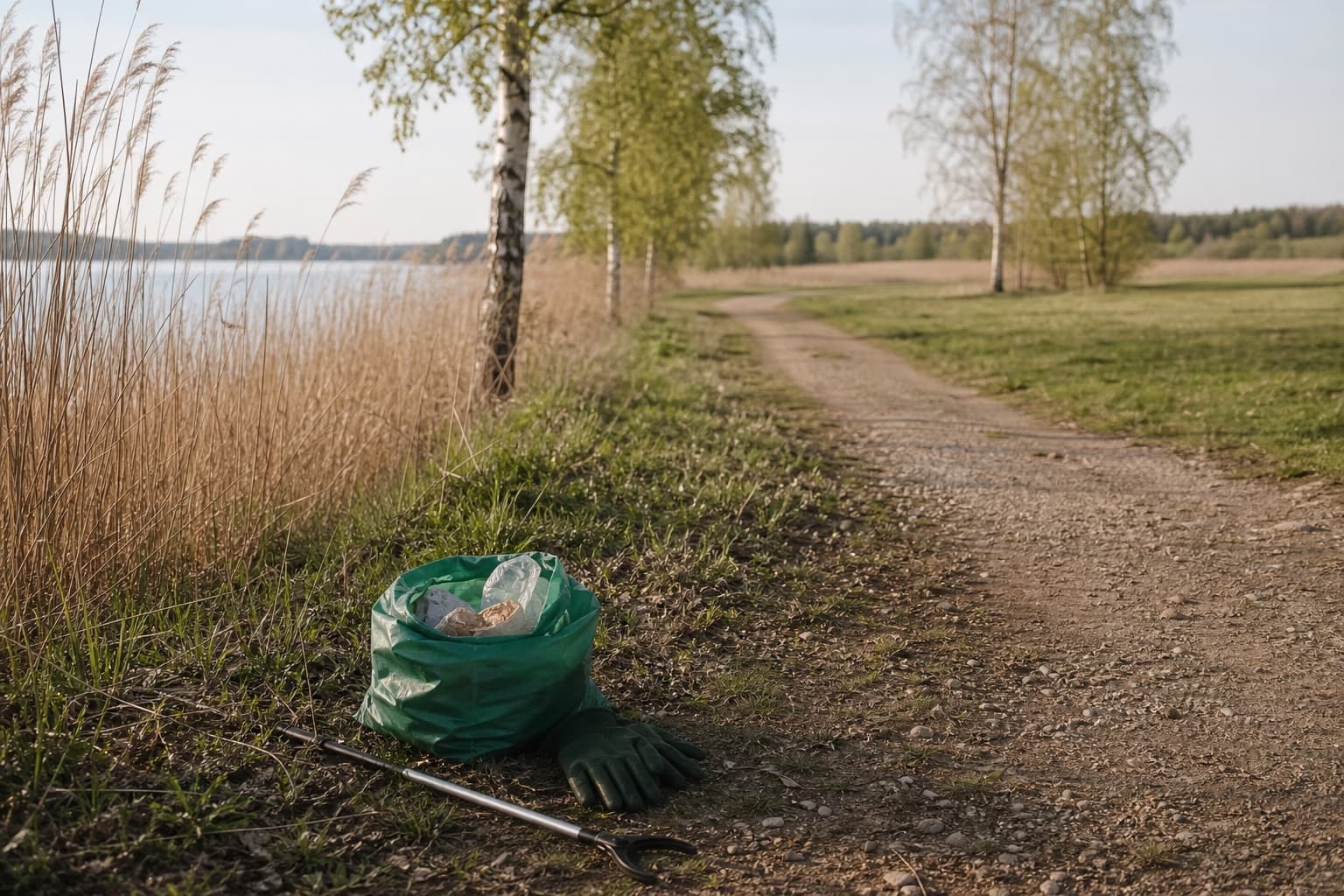 Rannan ja pellon välisellä reitillä pieni vihreä roskapussi täyttyy muutamasta turvallisesti poimitusta roskasta.