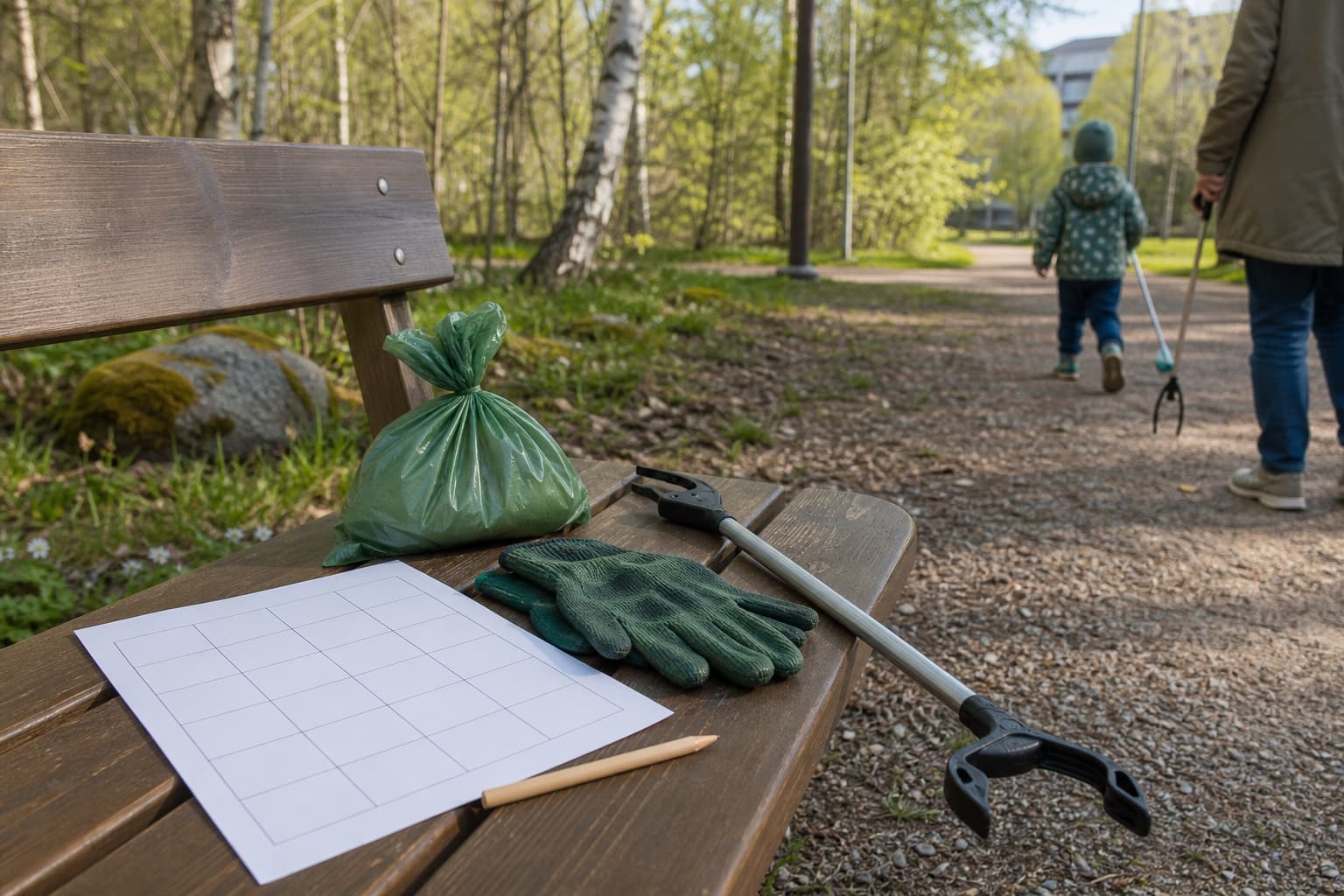 Puiston penkillä on tyhjä ruutupaperi, hanskat ja roskapussi, valmiina lapsiystävälliseen roskaretki-bingoon ilman luettavaa tekstiä.