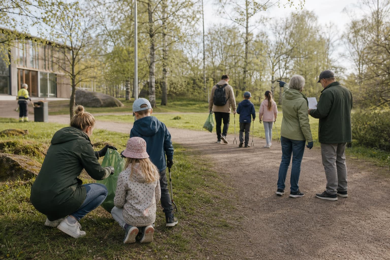 Roskaretki-tyylinen dokumentaarinen kuvitus aiheesta Roskaretki perheille, kouluille ja yhteisöille.