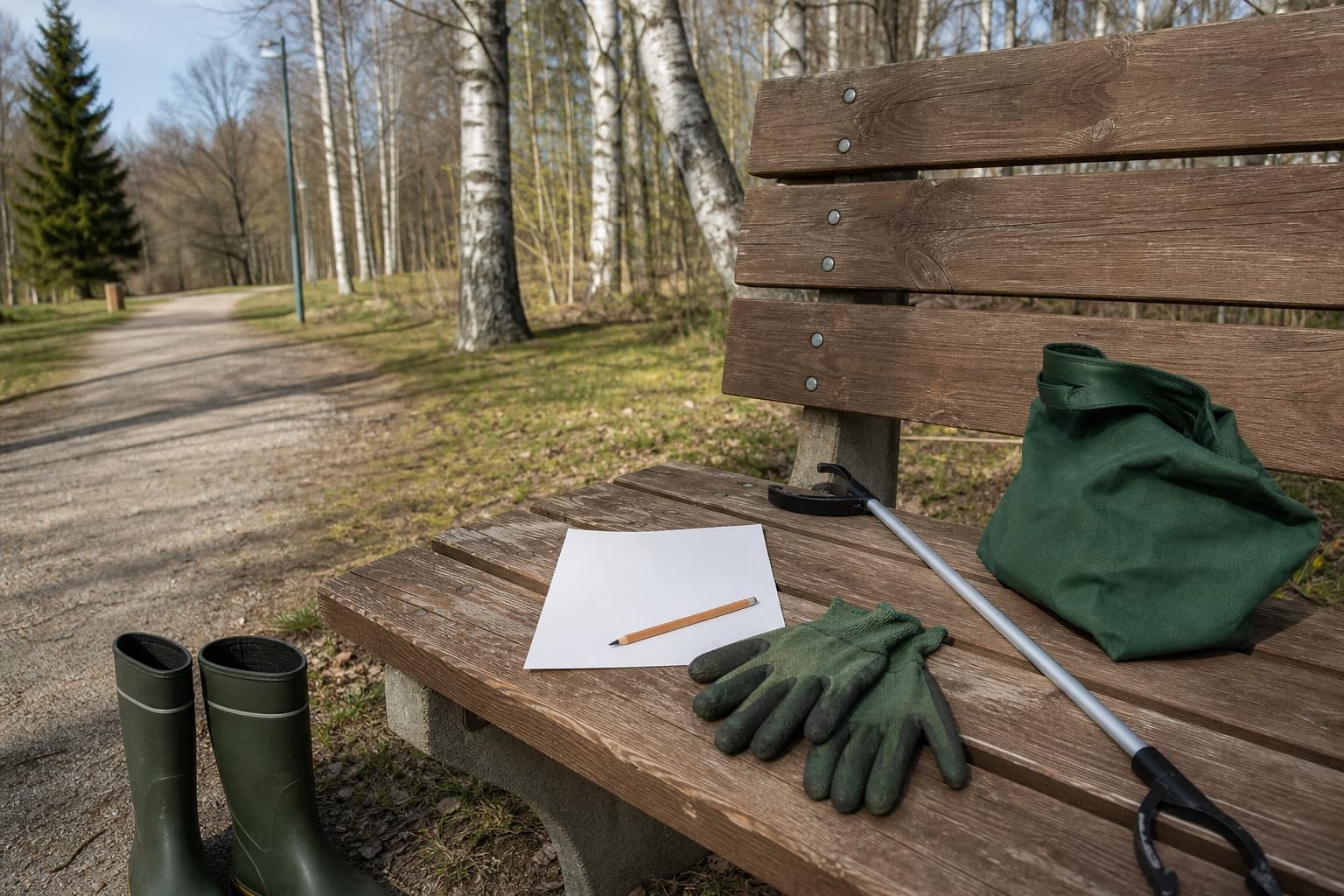 Roskaretki-aarteenetsinnän varusteet ovat penkillä: tyhjä ruutupaperi, kynä, hanskat, pihdit ja pieni pussi.