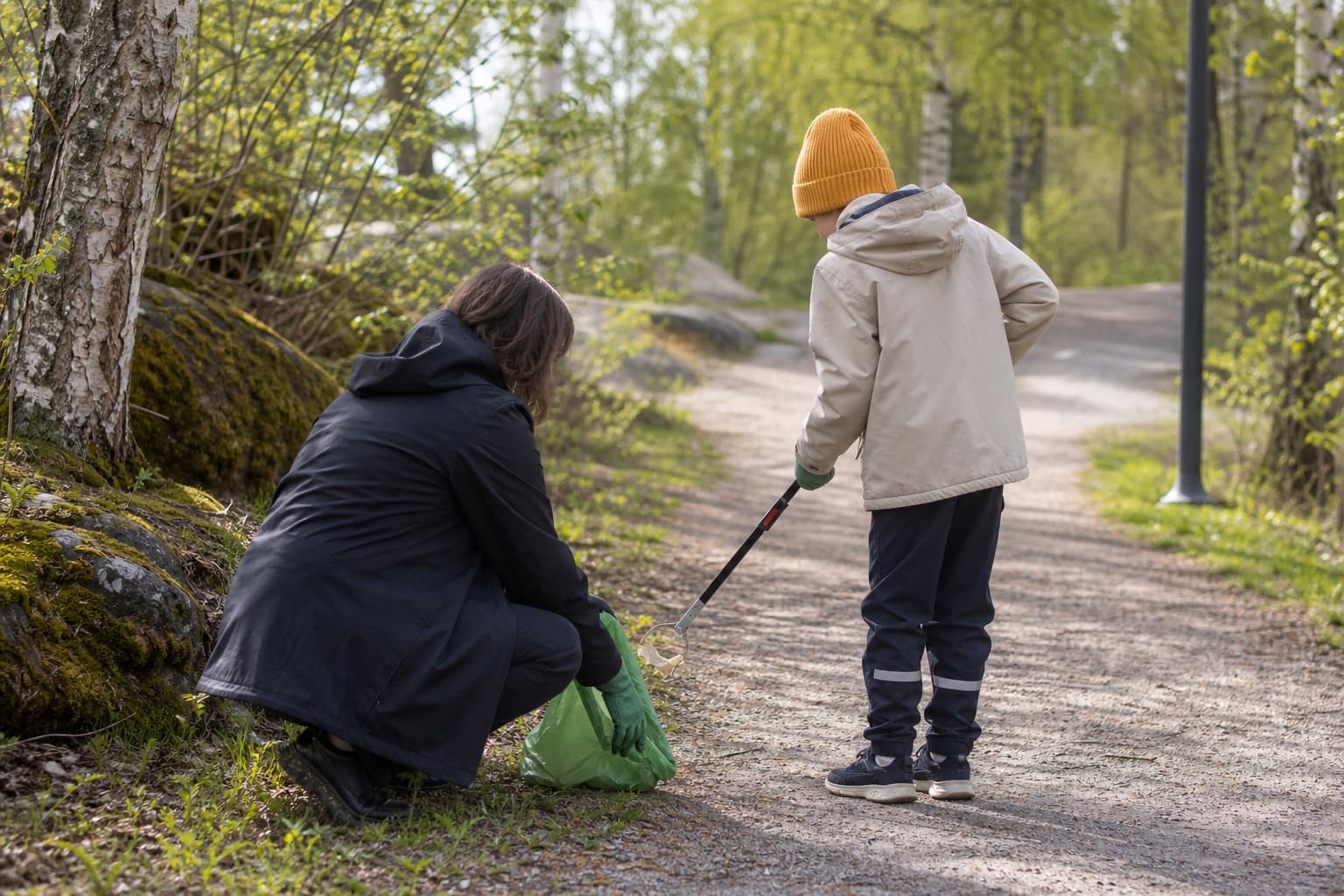 Aikuinen ja lapsi etsivät roskia puistopolun reunasta turvallisesti roskapihdeillä ja hanskoilla, kasvot eivät näy.