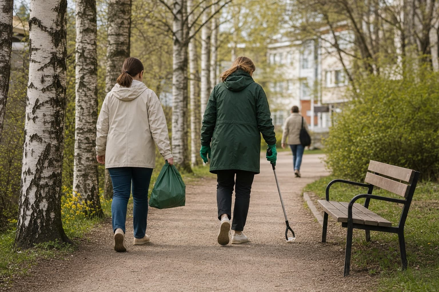 Naapuruston pienellä kävelyreitillä kaksi ihmistä kerää roskia samaan vihreään pussiin turvallisesti ja rauhallisesti.