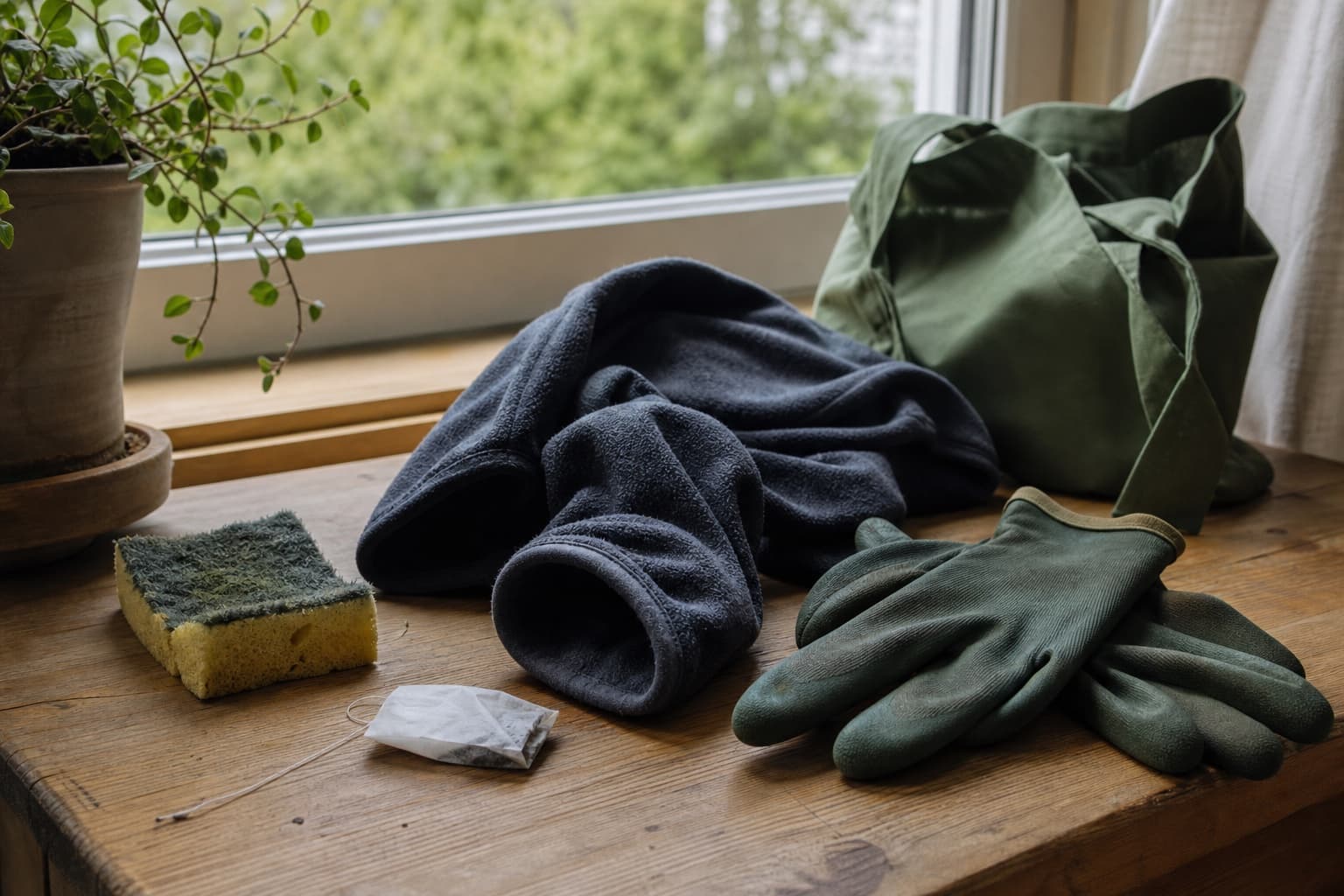Tiskipöydän ja ulkoilurepun vieressä näkyy tiskisieni, teepussi, fleece ja roskaretken hanskat mikromuovien arkea kuvaamassa.