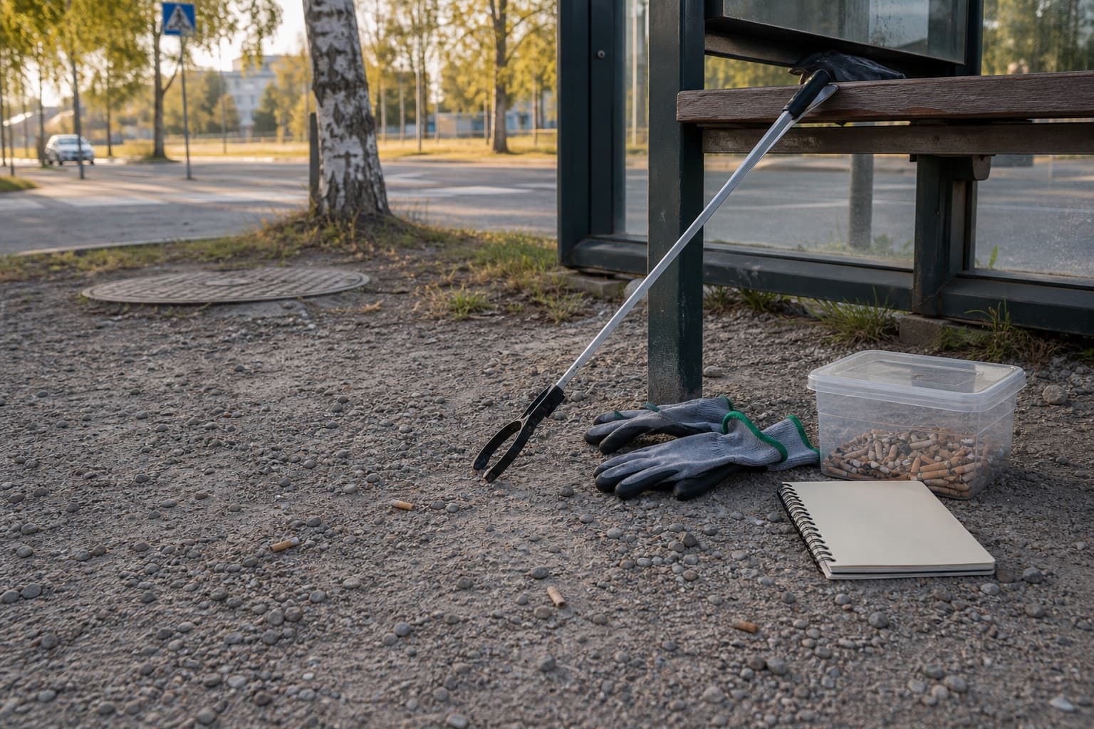 Bussipysäkin vieressä on hanskat, pieni roskapussi ja muistivihko tupakantumppien rauhallista laskentaa varten.