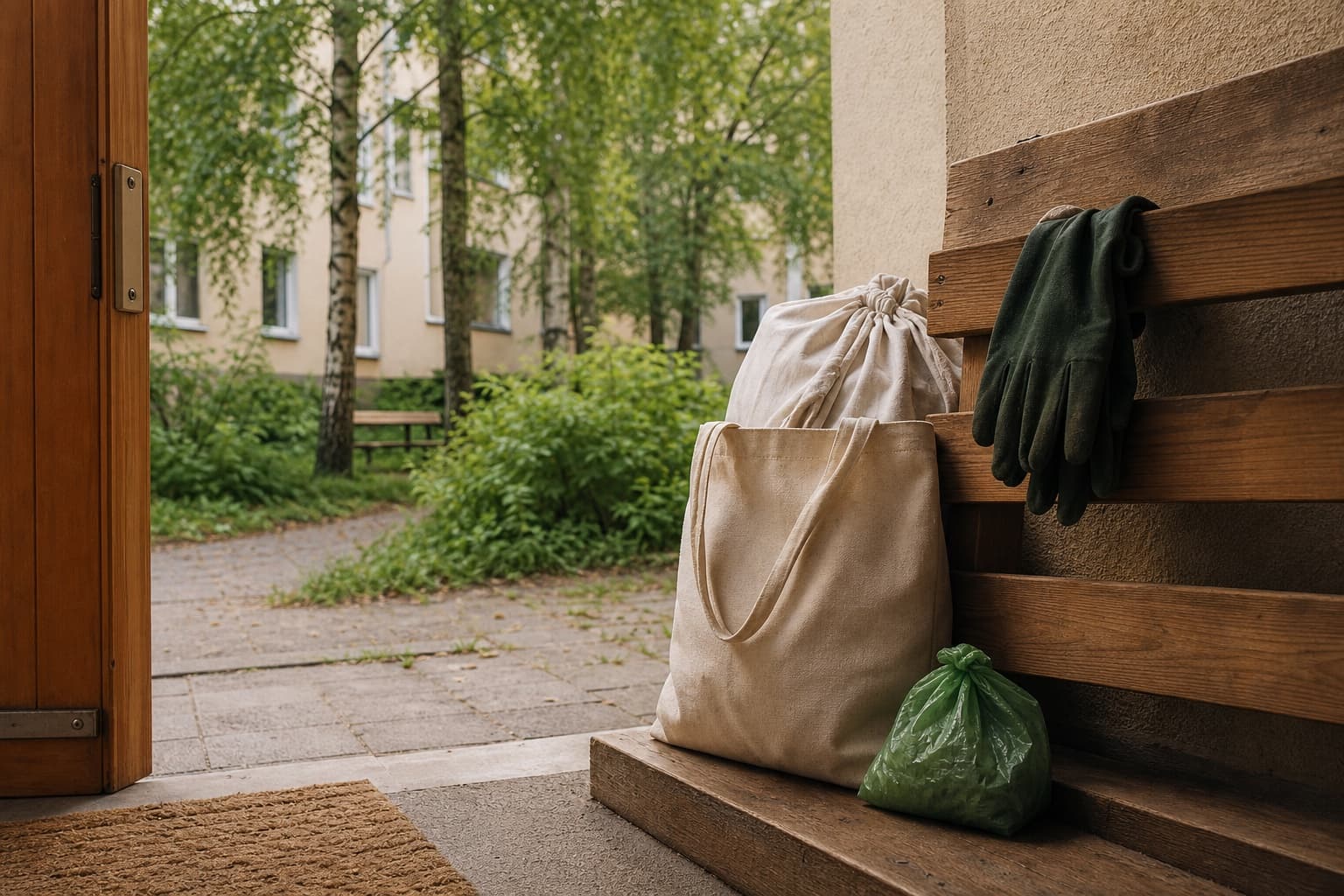 Perheen arjen mikromuovivalintoja kuvaavat kestokassi, pyykkipussi, hanskat ja lähiluontoon lähtevä reitti.