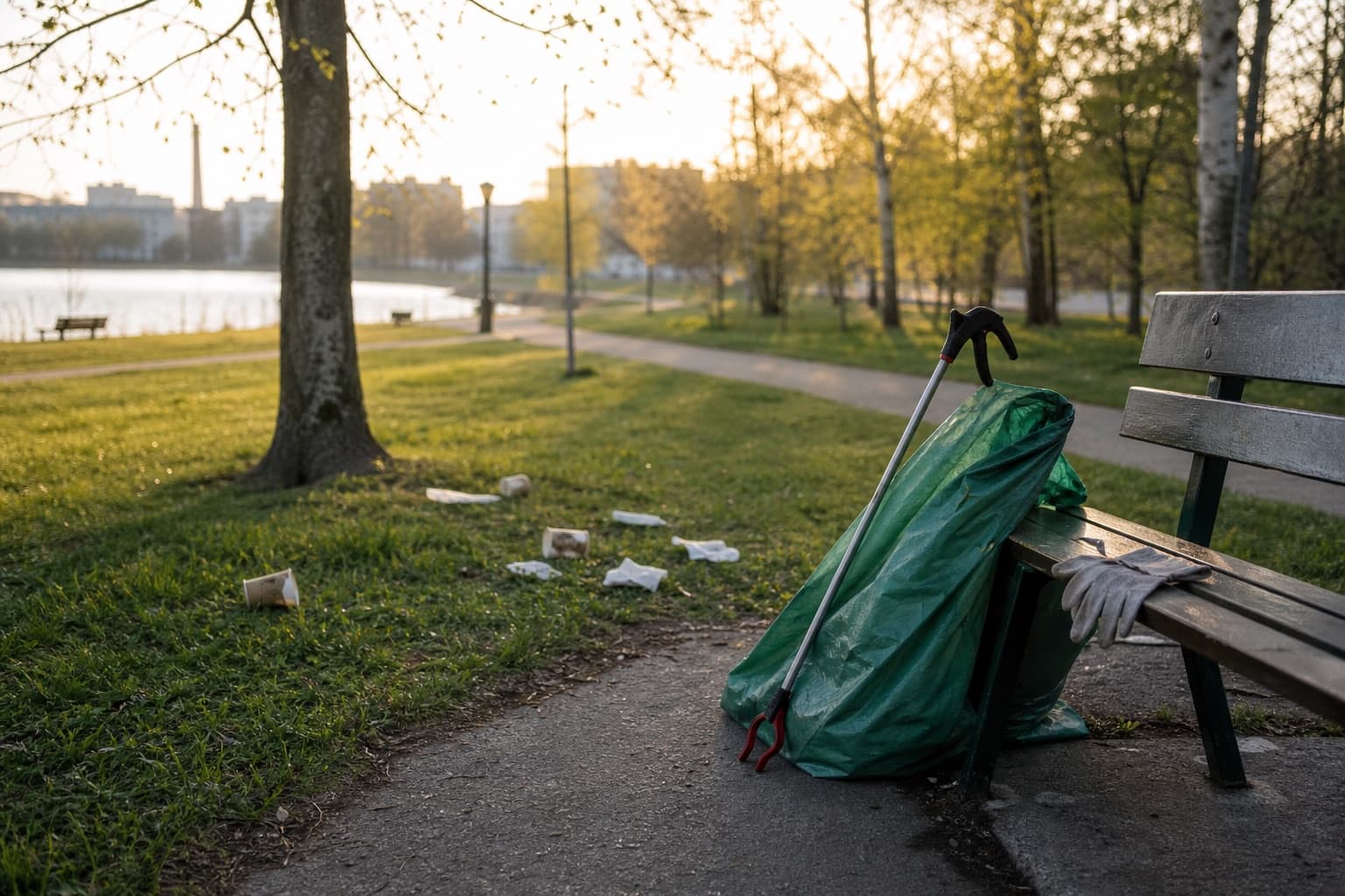 Lapsi ja aikuinen kulkevat vapun jälkeisessä puistossa hanskat kädessä ja katsovat maassa olevia roskia turvallisen matkan päästä.