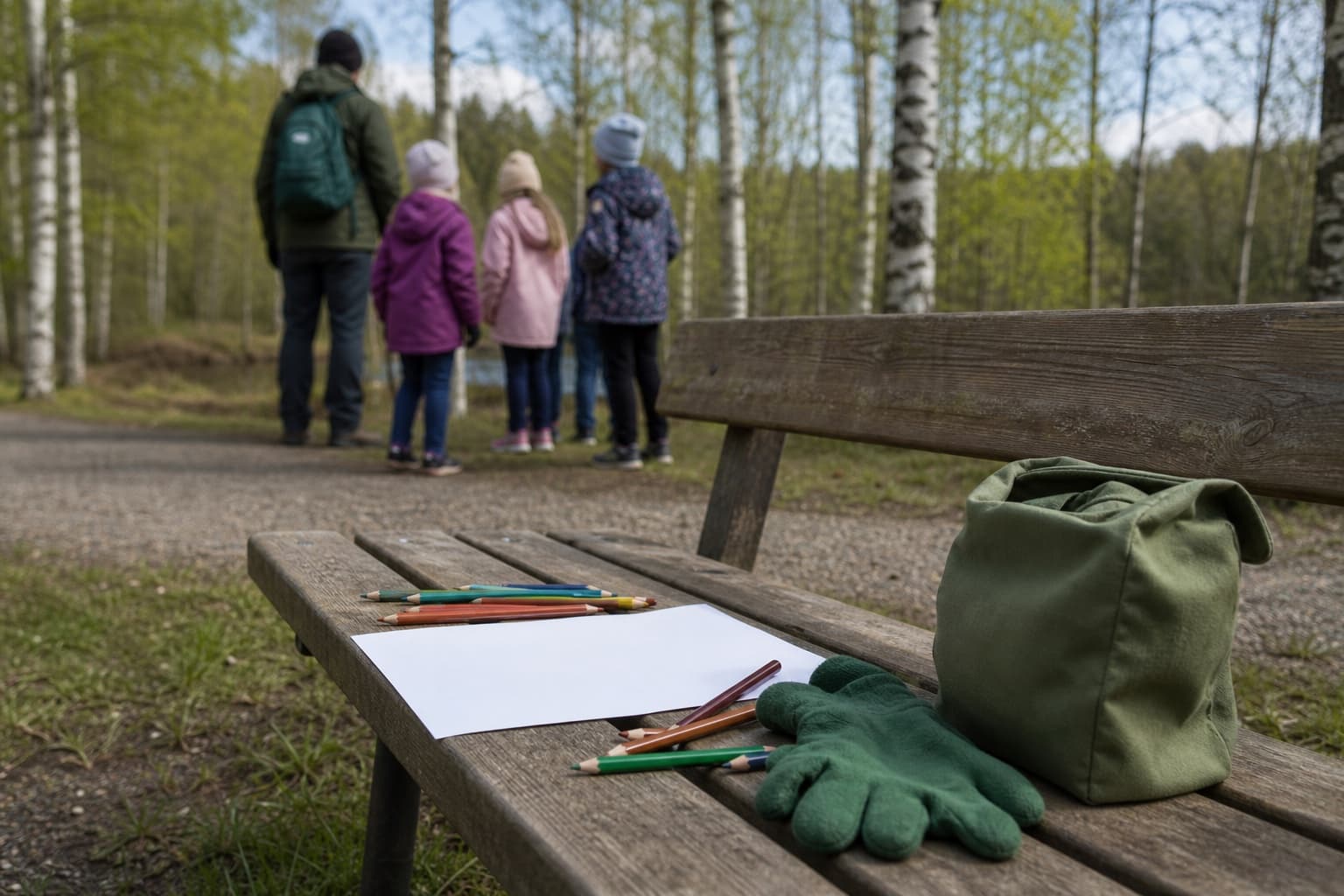 Lapsen luontoretken varusteet, värikynät ilman tekstiä, hanskat ja roskapussi ovat puiston penkillä aikuisen valvonnassa.