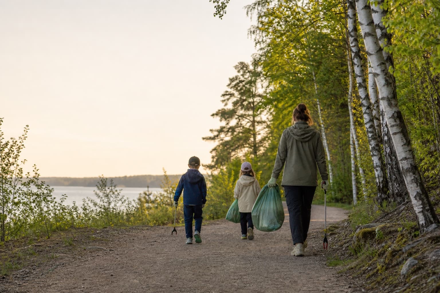 Perhe lähtee rauhalliselle roskaretkelle suomalaisen lähimetsän polulla hanskat ja pussi mukana.